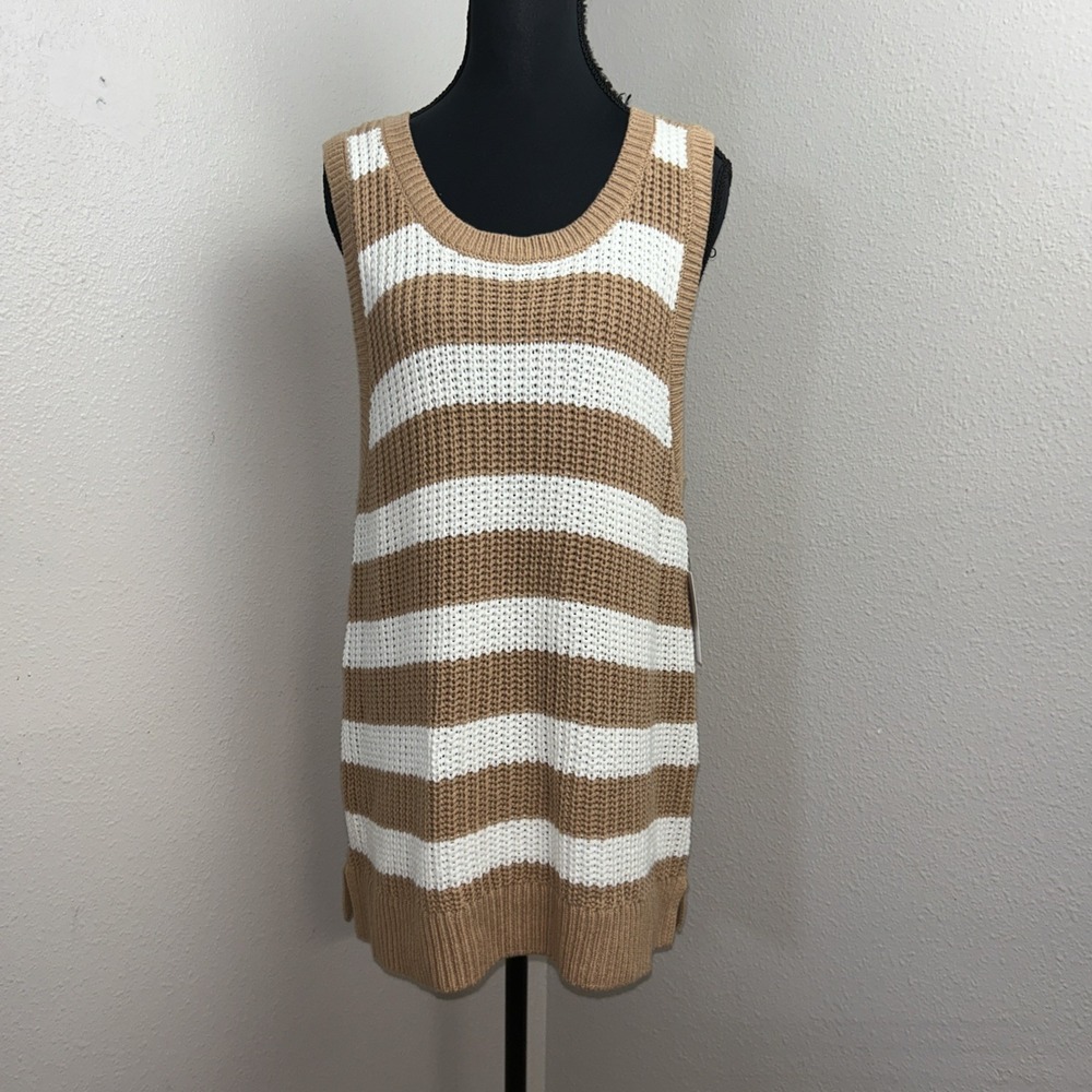 Sonoma‎ Knitted Sleeveless Top Women's XL White & Brown Stripped Preppy Casual